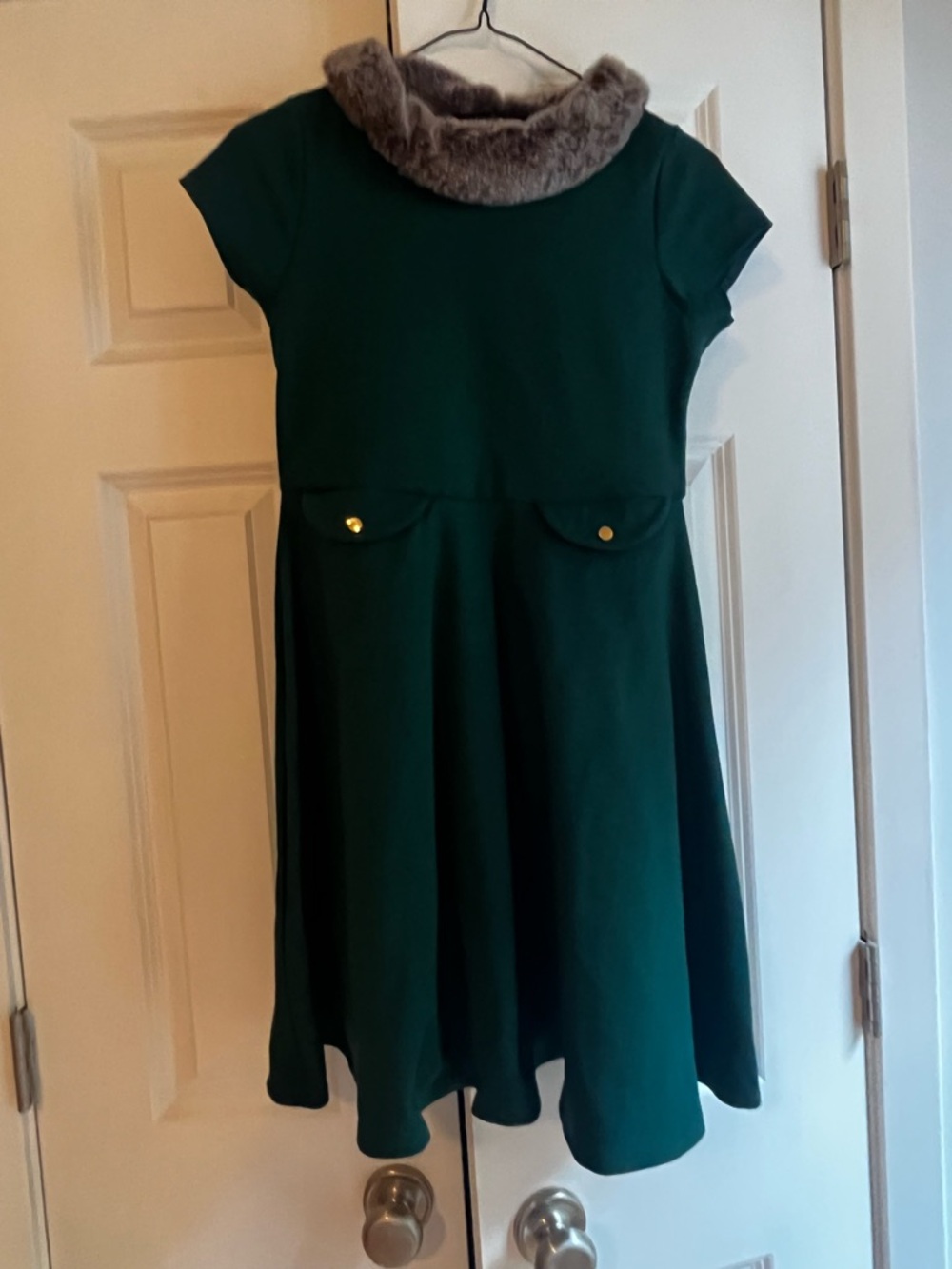 Emerald Green Girls Dress with Faux Fur Collar